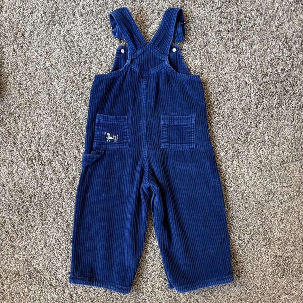 OshKosh Bgosh Navy Blue Corduroy Fire Truck Overalls Cow Embroidery Snap Inseam